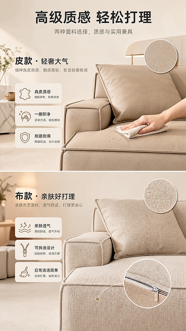 [商品] 使用【图1】沙发为基础，上半部分展示皮质款（细腻浅卡其色真皮质感），下半部分展示布艺款（原图浅米色布艺纹理）；两款均保留方正箱体结构与比例，仅面料材质不同。
[画面] 目标：双版本质感细节与易清洁特性展示。构图：上下分栏竖版布局，中间细线分隔；上栏皮质款：轻奢客厅场景，特写皮质沙发扶手与坐垫边缘，一只手用抹布轻轻擦拭，演示易清洁；下栏布艺款：温馨客厅场景，特写布艺沙发面料纹理，配可拆洗拉链细节示意；每栏产品占约45%；阅读动线从上至下。
[视觉] 套系策略：风格=意式极简轻奢商业摄影；标题字=现代无衬线粗体；正文字=简洁无衬线体；主色=奶油米杏；背景延展=基于奶油米杏做深浅层级、同色渐变和细腻织物/微水泥质感；强调色=暖棕金，仅用于小面积图标、引线、标签和局部光效；标题色=深炭灰；正文色=中暖灰；组件=圆角浅底信息卡、细线引线、胶囊标签；光影=左前侧暖柔光，柔和阴影。
[文字] 顶部通栏主标题"高级质感 轻松打理"；上栏副标题"皮款 · 轻奢大气"，配3个小卖点"真皮质感""一擦即净""耐磨耐用"；下栏副标题"布款 · 亲肤好打理"，配3个小卖点"亲肤透气""可拆洗设计""日常清洁简单"；每栏右侧有圆形面料微距特写；全部横向排版，移动端清晰可读。
[规格] 图片比例9:16竖版，4K，避免变形、错字、文字过小、冷蓝/蓝灰背景、沙发颜色改变、版型失真、绝对化用语。
