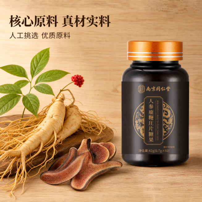 [主图-2] 南京同仁堂人参鹿鞭压片糖果核心原料展示
[氛围风格] 自然真实原料展示风格
[画质] 商业摄影质感、光线柔和通透、产品清晰真实、画面干净高级
[元素] 原产品瓶身放置在画面右侧，保持产品预览效果