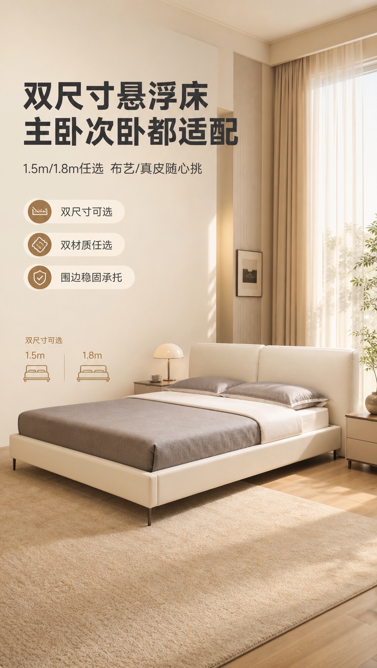 [商品] 使用【图1】米白色意式极简软包床；保留床头双块软包造… - 图片创意预览