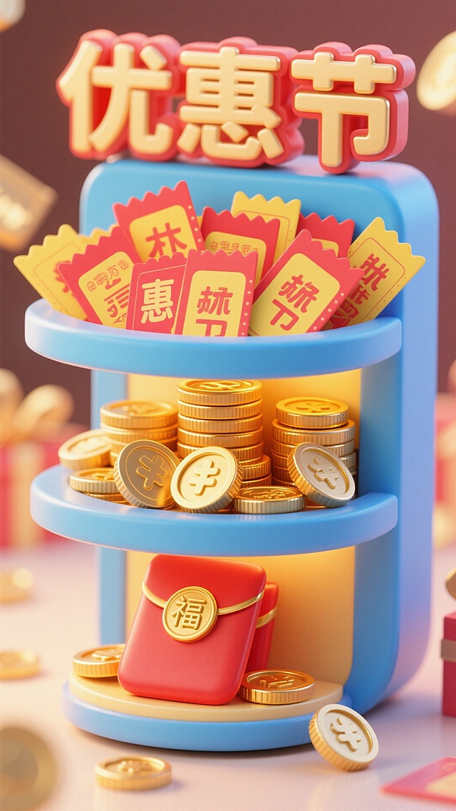 软3D风格，卡通感十足，鎏金风金币与红包堆叠，搭配喜庆红黄配色，营造浓厚促销氛围，节日气息扑面而来。