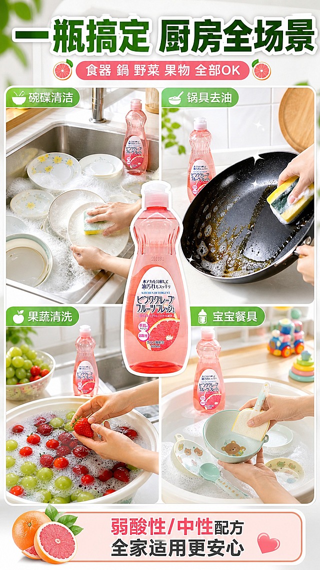 [商品] 使用【图1】西柚味洗洁精；保留瓶身形状、粉红色液体、标签图案与日文文字全部原貌，不拉伸不重绘。
[画面] 页面目标：多场景适用展示，证明一瓶多用，厨房各处都能用。构图：四宫格场景拼贴，2×2布局，每格一个使用场景，中间穿插产品。左上格：洗碗场景——水槽边洗一堆碗碟，泡沫丰富。右上格：洗锅场景——擦洗带油污的炒锅，锅具变亮。左下格：洗果蔬场景——水盆里泡着新鲜草莓、葡萄、圣女果。右下格：婴儿餐具场景——清洗宝宝的小碗小勺，突出温和安全。每格都有本品西柚味洗洁精小瓶入镜。画面顶部大标题，底部总结条。阅读动线：先看标题，再四格从左上到右下依次看。
[视觉] 套系策略：风格=中日文混合爆款详情页 明亮洁净商业摄影；标题字=粗黑体 大字 带描边；正文字=圆润无衬线体；主色=清新果绿；背景延展=四格各有场景色 整体统一明亮暖调 白色边框分隔；强调色=香橙橙+西柚粉，仅用于小面积图标、标签、高亮；标题色=深绿粗字带白边；正文色=深灰；组件=场景标签、圆角图标、日文小字装饰；光影=每格都是明亮自然光 统一光源方向 真实自然。
[文字] 顶部大标题「一瓶搞定 厨房全场景」日文副标题「食器 鍋 野菜 果物 全部OK」。每格左上角标场景名：「碗碟清洁」「锅具去油」「果蔬清洗」「宝宝餐具」，每个配小图标。底部总结条「弱酸性/中性配方 全家适用更安心」。文字都放在每格角落和上下区域，不遮挡场景主体。
[规格] 图片比例9:16竖版，2K，避免变形、错字、文字过小、瓶身标签错乱、产品拉伸、场景拼接违和、水印、平台Logo。