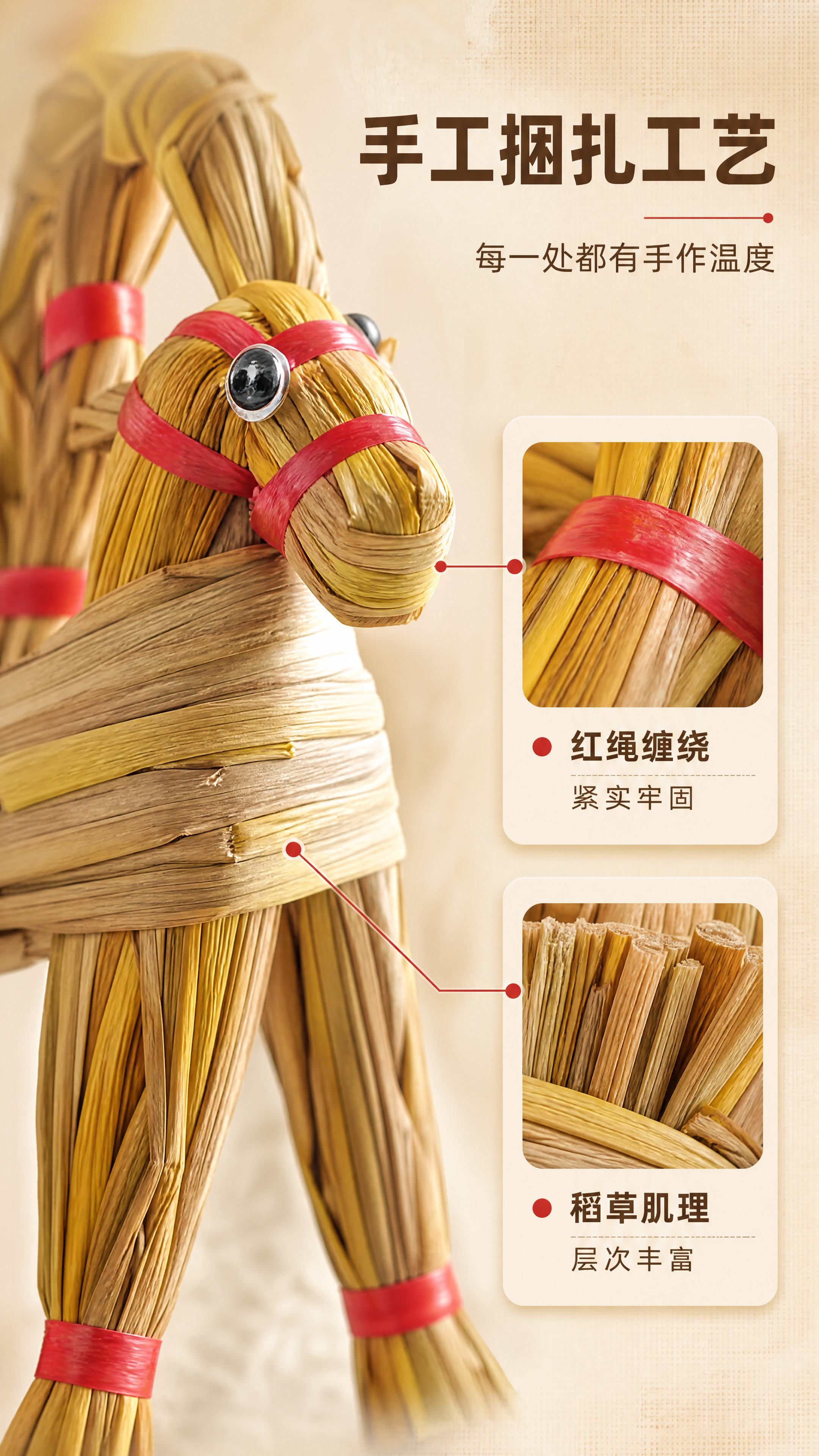 [商品] 使用【图3】红绳捆绑稻草马摆件细节特写；保留稻草纤维… - 图片创意预览