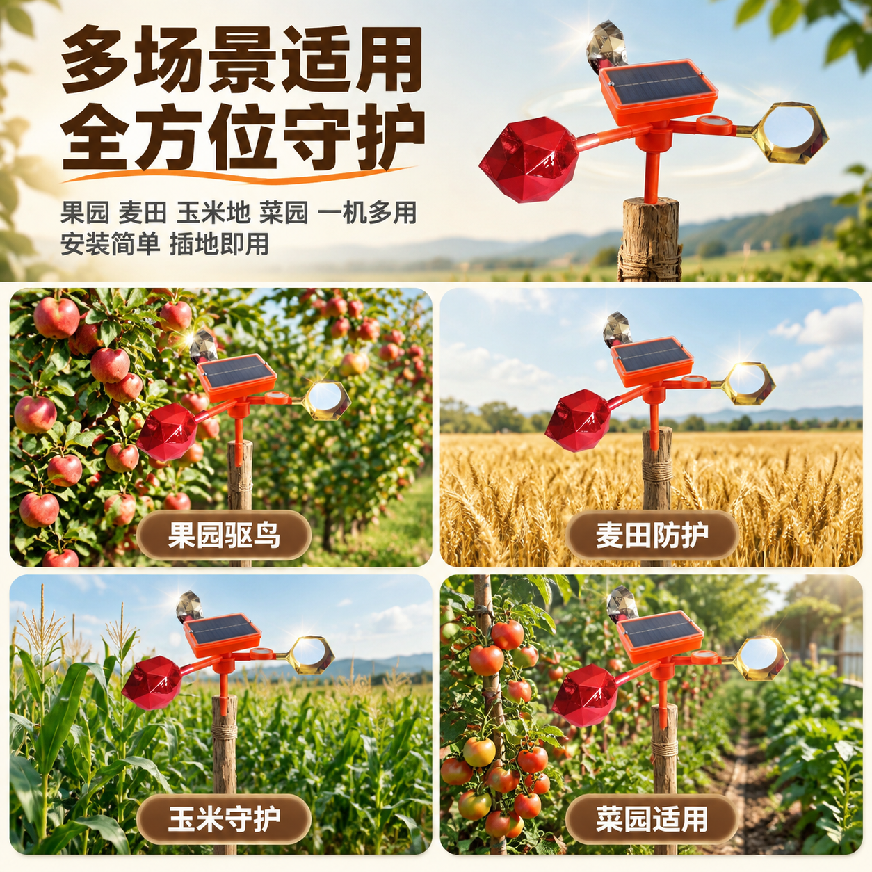 [主图-4] 多场景适用图，主题为防鸟器适用多种农田果园场景，… - 图片创意预览
