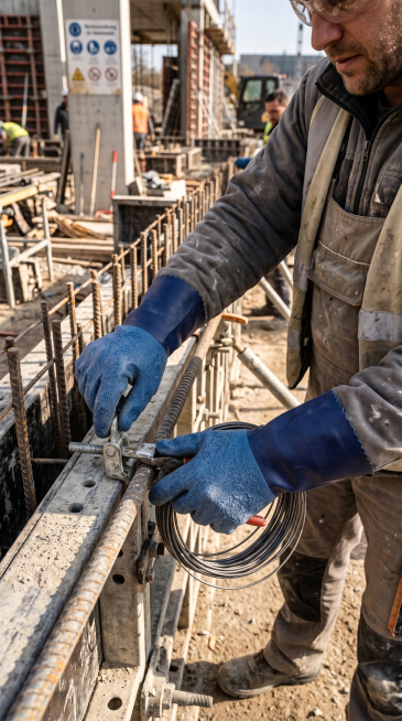 建筑工人戴着参考图中的深蓝色防滑工业手套在建筑工地施工，保持手套的颜色、纹理和细节完全不变，真实工地工作场景，写实风格，画面清晰自然预览效果