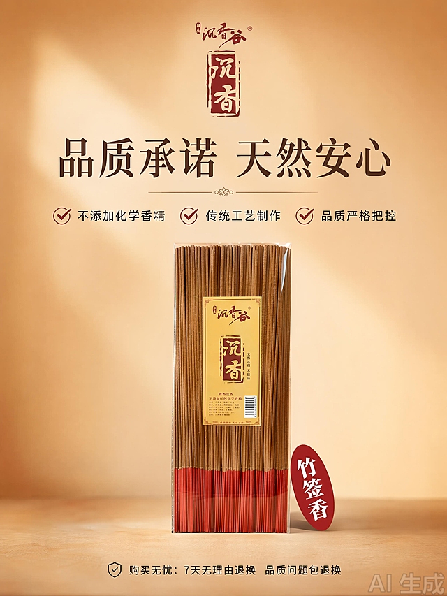 [第10屏] 品质承诺页-品牌信任保障。本屏使用【图1】产品放在中下位置。
[氛围/风格] 稳重可信，品牌质感，干净真诚
[元素布局] 品牌logo提取自产品包装，放置顶部，产品包装居中偏下展示，占比约50%，上下留出文字区域，保持logo和产品外观一致。背景浅棕渐变，简约大气
[光影质感] 柔和均匀光影，整体通透，产品清晰
[配色色系] 浅棕渐变底色，品牌黄红配色，整体温暖稳重
[视角构图] 居中对称构图，视觉稳定
[文字版式] 顶部品牌logo下方，主标题品质承诺 天然安心，深棕色大字；下方三个承诺点：不添加化学香精 传统工艺制作 品质严格把控，每个承诺前打勾标识，文字清晰排列；底部标注购买无忧，黑色小字，整体不遮挡产品
[比例分辨率] 3:4 竖版比例，4K分辨率，文字清晰，高清
[负向提示词] logo变形，文字错乱，产品遮挡，水印