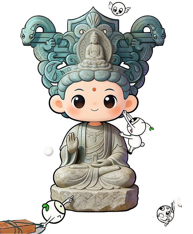 河北博物院的曲阳修德寺石造像，参考示例图片的Q版卡通风格，国潮插画，青灰色石质雕刻，搭配可爱萌系小圆球人物互动，保留传统佛像雕刻纹样，米色做旧纸感背景，左侧竖排文字标注文物名称，和参考图一样的漫画插画风格