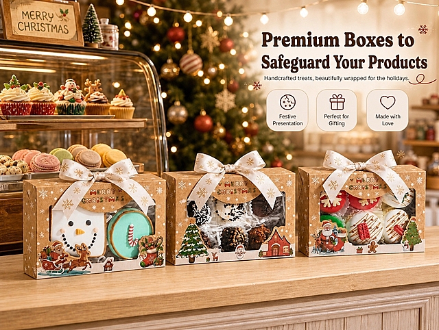 将图片右上角的大标题文字"Delight in Every Christmas Bite"替换为"Premium Boxes to Safeguard Your Products"，保持原有的字体风格、大小、颜色和位置不变，其余画面内容完全保持原样