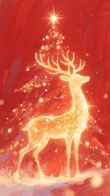 光感圣诞树+麋鹿，红色纯色背景，立体光感线条，金色粒子点缀，麋鹿剪影跃动，光效环绕，温暖节日氛围，无文字预览效果