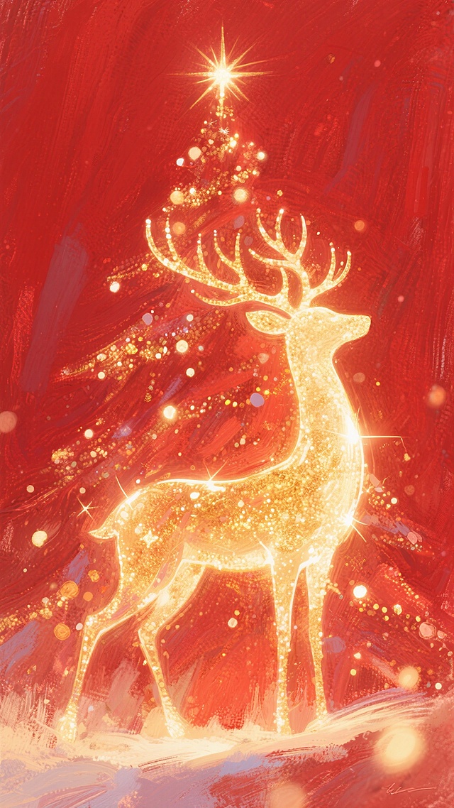 鎏金鹿影伫立雪原，星芒圣诞树熠熠生辉，插画风与粒子光效交织，超现实主义呈现梦幻喜庆的冬日奇境。
