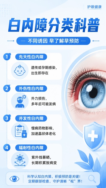 制作一张简约清晰的医疗科普海报，9:16竖版，主标题是"白内障分类科普"，副标题是"不同诱因 早了解早预防"，左侧分类展示四种白内障类型，分别是：
1. 先天性白内障：遗传或孕期感染，出生即存在
2.预览效果