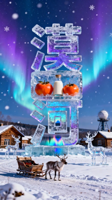 主视觉是极光色渐变冰雕 “漠河” 大字（内部冰封冻柿子、马奶酒，竖版），冰面映极光倒影。背景是北极村木刻楞房屋、极光观测站，前景地面有积雪驯鹿车，天空泛紫蓝极光，飘雪缀冰雕鹿，紫蓝 + 银白配色，奇幻预览效果