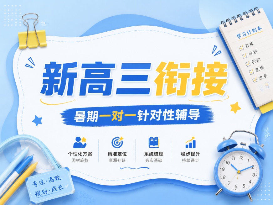 4:3比例教育培训推广海报，参考图片浅蓝色+蓝色+黄色清新配色，不规则白色内容框，实物文具装饰风格，主标题“新高三衔接”，副标题“暑期一对一针对性辅导”，搭配长尾夹和计划本装饰，背景浅蓝，文字清晰醒目预览效果