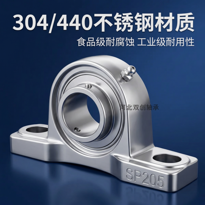 1:1 竖版电商主图，严格还原上传的不锈钢外球面轴承产品图，包括银色金属外观、底座刻字 SP205、品牌文字位置、整体结构等所有细节，产品外观必须与参考图完全一致，不得改变金属配色、结构形态或品牌元素预览效果