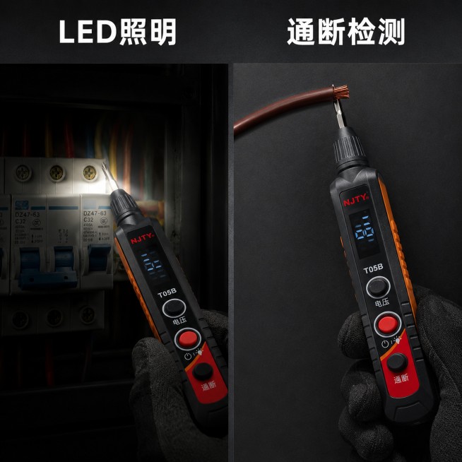 [主图4]照明与通断对比功能展示主图。保持原产品黄黑配色、外观结构、材质质感与NJTY品牌标识完全一致，杜绝变形和色差。画面采用左右分屏布局：左侧分屏展示昏暗电箱内部，测电笔底部LED灯照亮电箱区域；预览效果
