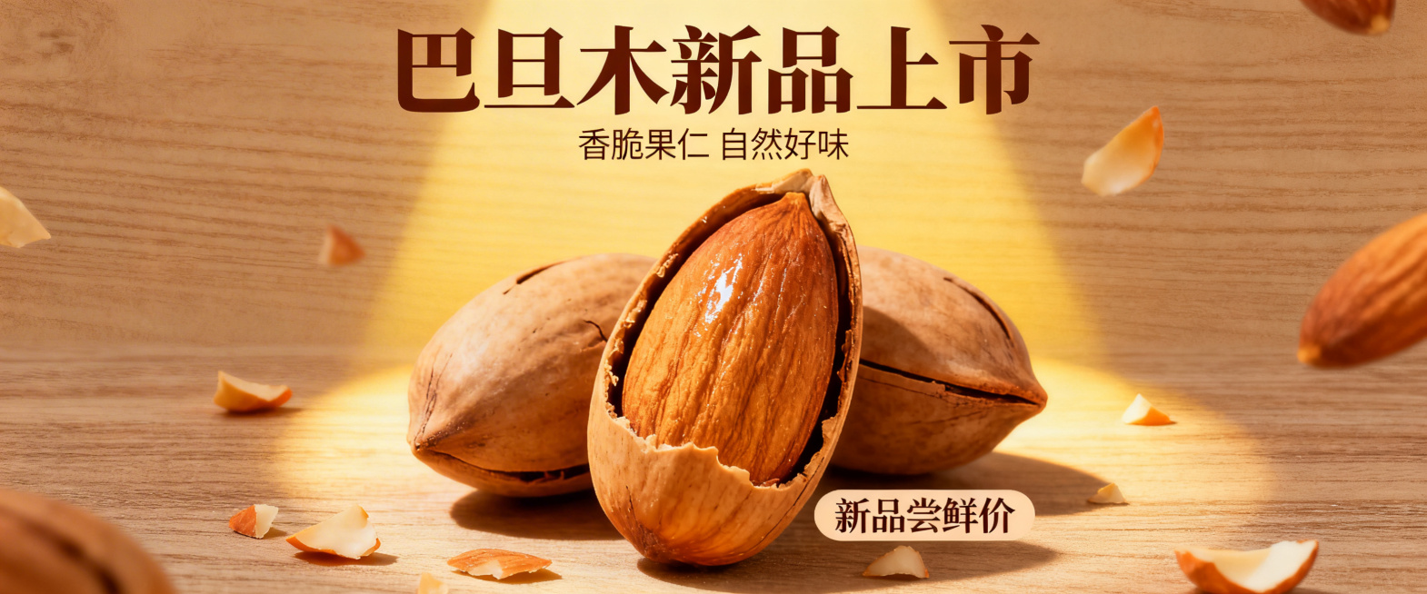 零食巴旦木新品宣传横幅海报，展示带壳开口的巴旦木实物图，复古暖色调美食摄影风格，吸引食欲的干果宣传横幅预览效果
