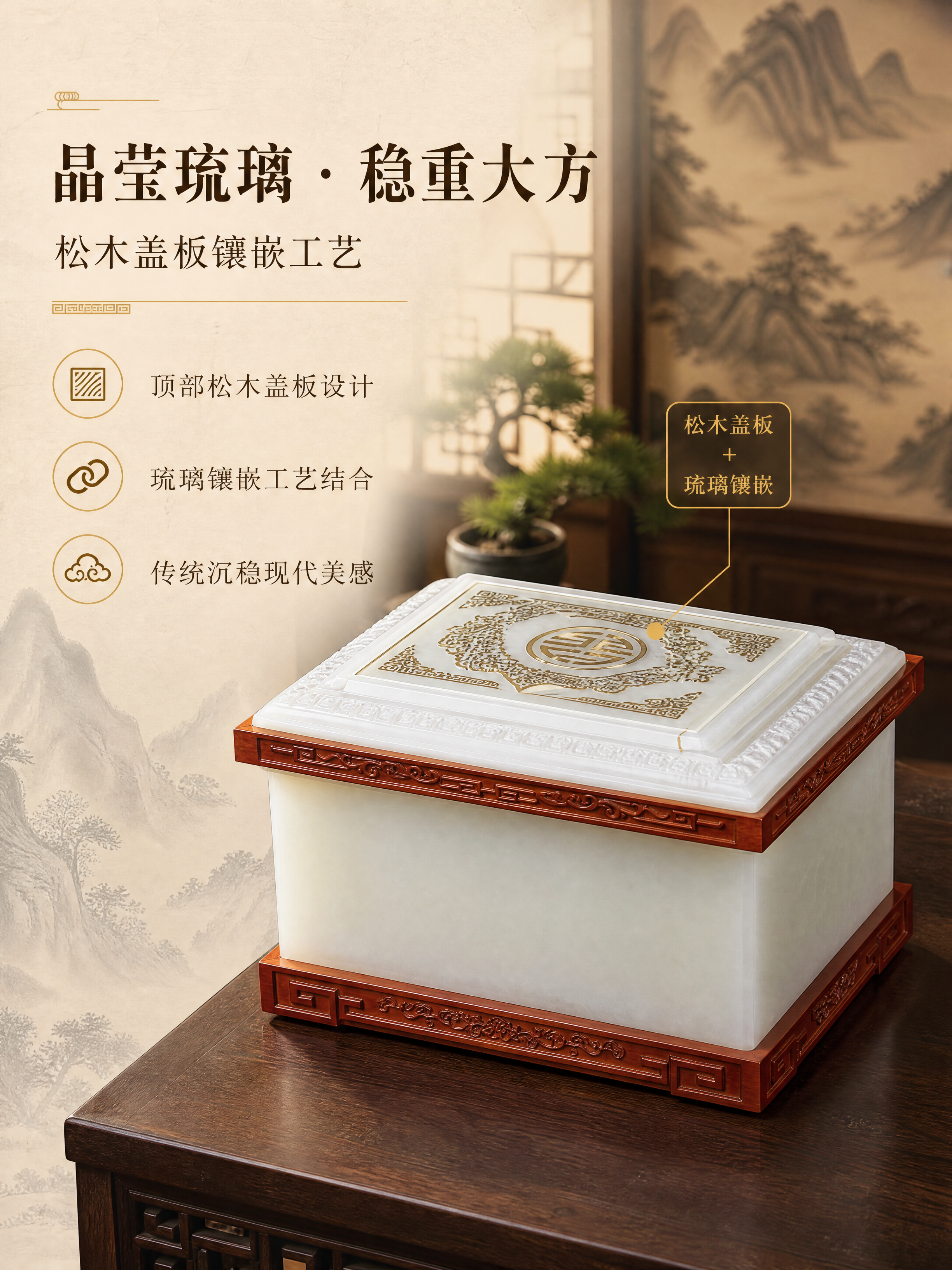 [商品] 使用【图5】水晶白玉琉璃骨灰盒斜侧立体图；保留白色琉… - 图片创意预览