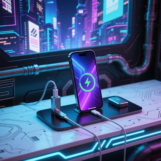 赛博朋克风格的智能手机充电场景，霓虹蓝与紫色渐变光效笼罩，手机屏幕显示动态赛博数据流图案，充电器和数据线呈现金属质感与霓虹灯带装饰，白色桌面转化为带有电路纹理的黑色高科技平台，背景墙变为布满全息投影广告和管线的未来都市夜景，整体光影对比强烈，充满未来科技感与机械美学，高细节，8K渲染，电影级构图预览效果