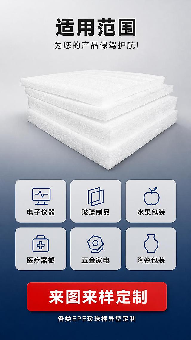 以用户上传的产品图作为唯一外观参考，严格复刻产品原貌。产品外观锁定描述：白色EPE珍珠棉板材，细密泡孔材质，方正矩形板材，表面细腻有光泽，边缘整齐切面均匀，纯白色，多层堆叠时层次分明，厚度均匀，无Logo无包装。保持产品品类、轮廓、比例、结构、颜色、材质、表面工艺和可见细节不变。

电商详情页第7张-行业应用页，9:16竖版，工业简约商业摄影风。上半部分占画面约30%：白色珍珠棉板材整齐堆叠展示，产品位于上方。中部为6个圆角按钮式行业分类，2行3列排列，按钮为浅灰底圆角矩形。下半部分为红色CTA按钮区，深蓝色质感背景突出。背景上半部分浅灰渐变，下半部分深蓝色。

文字内容（全部横向排版）：顶部主标题"适用范围"（粗黑体深炭灰色），副标题"为您的产品保驾护航！"。6个行业按钮文字："电子仪器"、"玻璃制品"、"水果包装"、"医疗器械"、"五金家电"、"陶瓷包装"。底部红色CTA大按钮："来图来样定制"，下方小字"各类EPE珍珠棉异型定制"。

套系视觉：风格=工业简约商业摄影风；标题字=粗黑体厚重有力；正文字=简洁无衬线体；主色=纯白+浅灰；背景=上浅灰下深蓝渐变；强调色=中国红（CTA按钮）+科技蓝（图标）；标题色=深炭灰/白色；正文色=中灰/白色；组件=圆角按钮、红色CTA按钮；光影=左前侧柔光，产品底部自然投影。

负向提示：产品变形、颜色变黄变灰、泡孔结构失真、文字竖排或旋转、文字过小、背景杂乱、水印、二维码。