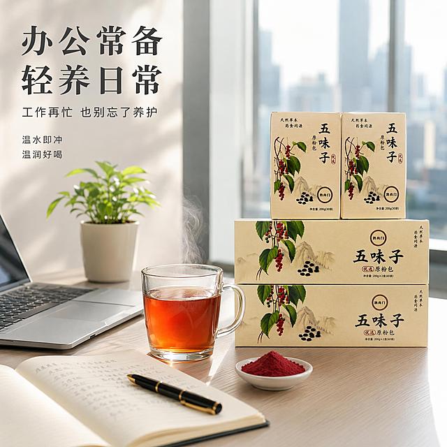 [主图-6] 五味子原粉办公场景与适用人群
[氛围风格] 现代办公 轻养生 日常补给 自然舒适
[画质] 生活方式摄影质感 光线明亮柔和 画面干净有质感
[元素] 现代简约办公桌场景 浅色桌面 鹊尚门五味子原粉包产品放在画面右侧 保持外观与输入图一致 旁边有一杯冲好的五味子茶饮 冒着热气 旁边放着笔记本电脑 翻开的笔记本 一支钢笔 一盆小型绿植 背景是虚化的办公环境 落地窗 城市远景 自然光充足 整体氛围是忙碌工作中的轻养生时刻 产品主体占比约40% 画面满屏无边框 自然融入办公场景
[光影] 窗边自然光从右侧照射 明亮柔和 桌面有自然光影 杯壁有高光 整体通透清爽
[配色] 主色调浅灰 米白 木色 辅助色五味子红 茶汤琥珀色 绿植绿
[视角构图] 45度俯视 办公桌面自然铺开 产品与茶饮为视觉焦点 景深中等 背景虚化
[文字版式] 左上负空间左对齐 主标题粗宋体 办公常备 轻养日常 深灰色大号字 副标题细宋体 工作再忙 也别忘了养护 深灰色中号 下方两行短句 温水即冲 温润好喝 深灰色小号 文字占比小于30% 不遮挡产品主体
[输出要求] 1:1比例 文字清晰锐利 超高清生活方式摄影质感
[负向提示词] 变形 文字错乱 产品模糊 背景杂乱 水印 电商平台Logo 人物面部扭曲 多余手指