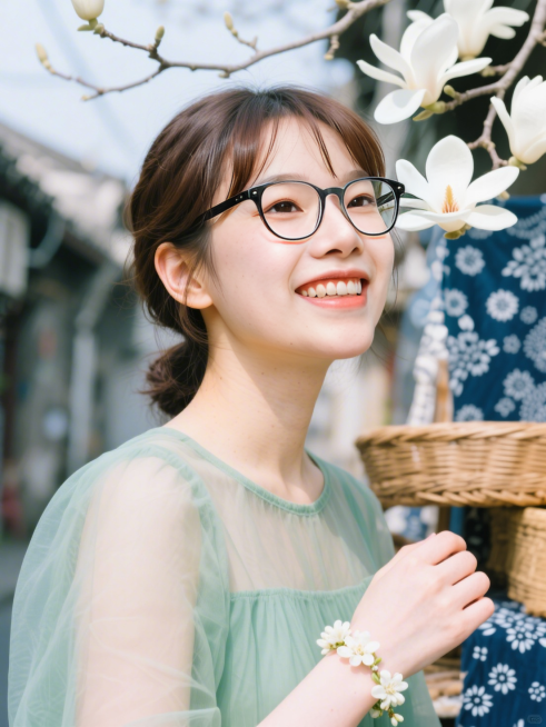场景创意：春日午后老巷口 · 他忽然从身后递来一支刚买的茉莉花手串的瞬间
镜头定格在一张年轻女子的面部特写上，框定自发际线至锁骨上方。她站在青砖巷口的树影下，穿一件柔雾绿细纱罩衫，肩带因微侧身动作滑落预览效果