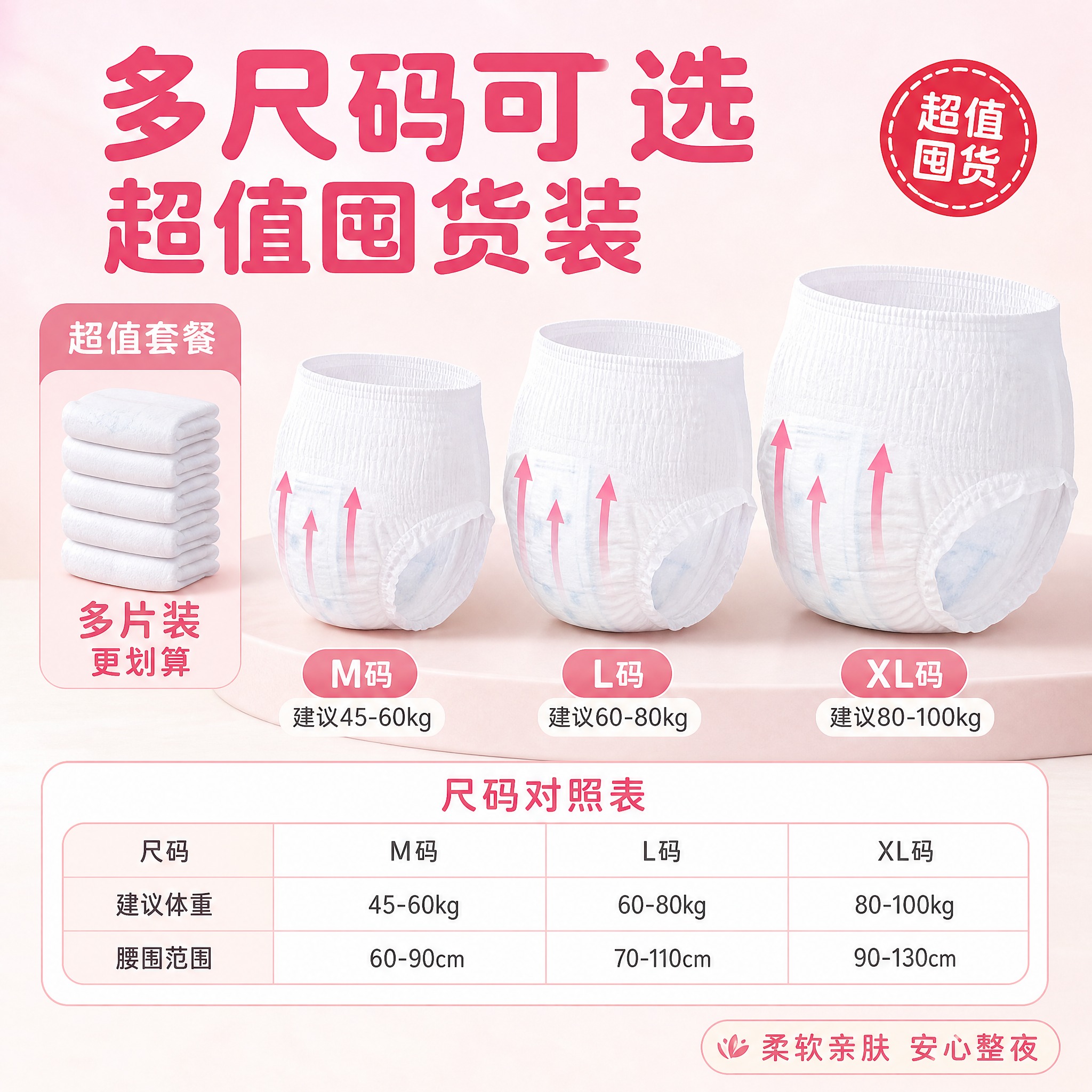 [主图-5] 安睡裤规格尺码转化图 多尺码选择 套餐展示 拼多… - 图片创意预览