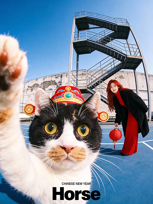 画面底部正中央排版着黑色的粗体小写英文单词“Horse”，字体风格复古且具有设计感，其上方紧随极其微小的无衬线英文“CHINESE NEW YEAR”。画面采用极具冲击力的超广角鱼眼镜头，宠物的近距离怼脸自拍视角，前景占据视觉主导的是一只巨大的宠物（参考图1的宠物）大头特写，它的一只毛茸茸的左前爪夸张地伸向镜头边缘，呈现出强烈的透视变形感。宠物双眼圆睁，瞳孔呈清澈状，直视镜头，面部毛发丝丝分明，胡须挺翘，带着财神帽，展现出极度逼真的宠物摄影质感，像以宠物自拍角度进行拍摄。背景右侧清晰可见的人物（参考图2的人），身穿一件红色的修身高领长裙，外搭黑色毛绒大衣，她正弯腰对着镜头，手提着红灯笼，面部表情微笑，与前景淡定的真猫形成极具幽默感的互动反差。背景环境是一个带有蓝色地面的户外天台或运动场，后方有斑驳的水泥墙、工业金属楼梯架以及清朗的蓝天。整体光影为自然日光，色彩鲜艳，兼具时尚杂志大片与趣味网络迷因（Meme）的视觉风格，8K超高清画质，极致的清晰。