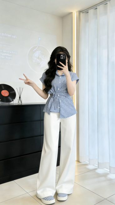 超清画质，人物对镜自拍，画面主体动态呈现，保持人物穿搭不变，手机全程挡脸，全程不露脸。人物首先微微向前走右手摸同侧肩膀，然后右手自然下垂，最后微微往后退右手撩头发，回正身体。画面真实好看，自然，协调，预览效果