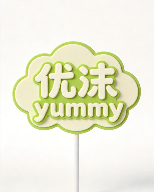 设计一款全新的蛋糕插牌，包含中文"优沫"和英文"yummy"，中文在上英文在下的排版，保持云朵状不规则轮廓和底部插杆，清新春天嫩绿色奶白色配色，文字活泼变形设计，简约清新，纯白背景预览效果