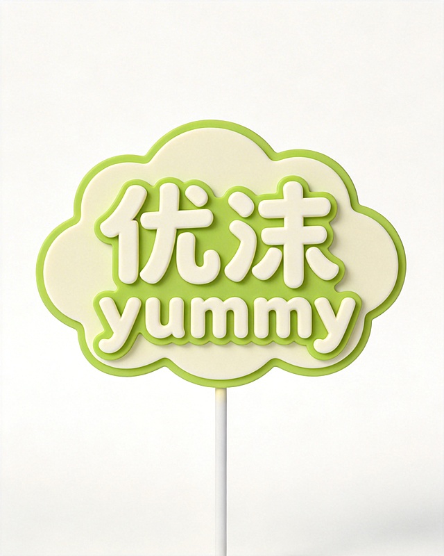 设计一款全新的蛋糕插牌，包含中文"优沫"和英文"yummy"，中文在上英文在下的排版，保持云朵状不规则轮廓和底部插杆，清新春天嫩绿色奶白色配色，文字活泼变形设计，简约清新，纯白背景
