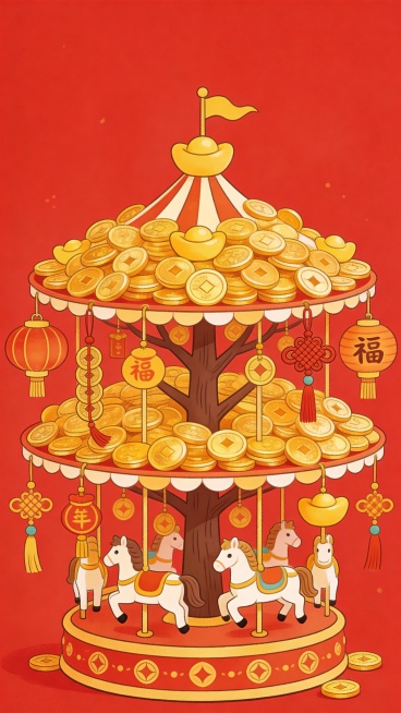 卡通手绘插画风格，旋转木马造型，主体由挂满金币的发财树构成，纯红色喜庆背景，融入春节灯笼、中国结、福字等新春元素，画风可爱治愈，线条流畅，色彩鲜艳，财运满满，构图饱满，高清精致预览效果