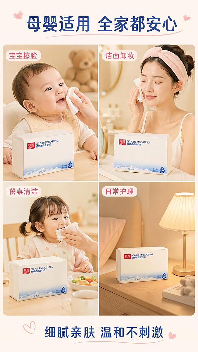 [第5屏] 母婴适用多场景拼图。本屏使用【图1】作为产品包装，融入各场景中。
[氛围/风格] 温馨治愈母婴风，柔和暖调，真实生活场景感。
[元素布局] 四宫格拼图展示四个母婴日常场景：左上-宝宝擦脸（轻柔擦拭宝宝脸颊），右上-妈妈卸妆洁面，左下-餐桌擦手擦嘴，右下-卧室床头柜摆放；每个场景中都自然放置甄雅面巾纸包装，包装外观与输入图一致；场景间用细白线分隔，整体温馨柔和。
[光影质感] 每个场景都采用柔和暖光，自然光感，温馨治愈，人物动作轻柔自然。
[配色色系] 全局底色 #FFF8F5 暖米白；主色深蓝、白色；辅助色浅粉、暖米色。
[视角构图] 2×2四宫格拼图，每格独立场景，阅读动线从左上到右下。
[文字版式] 顶部通栏主标题「母婴适用 全家都安心」；每格场景配短标签：「宝宝擦脸」「洁面卸妆」「餐桌清洁」「日常护理」；底部补充「细腻亲肤 温和不刺激」；文字温暖柔和，字号适中可读。
[比例分辨率] 9:16竖版比例，4K分辨率，文字清晰可辨，高清画质。
[负向提示词] 包装变形，文字错乱，人物表情僵硬，颜色偏差，水印，产品图模糊，缺件错件。