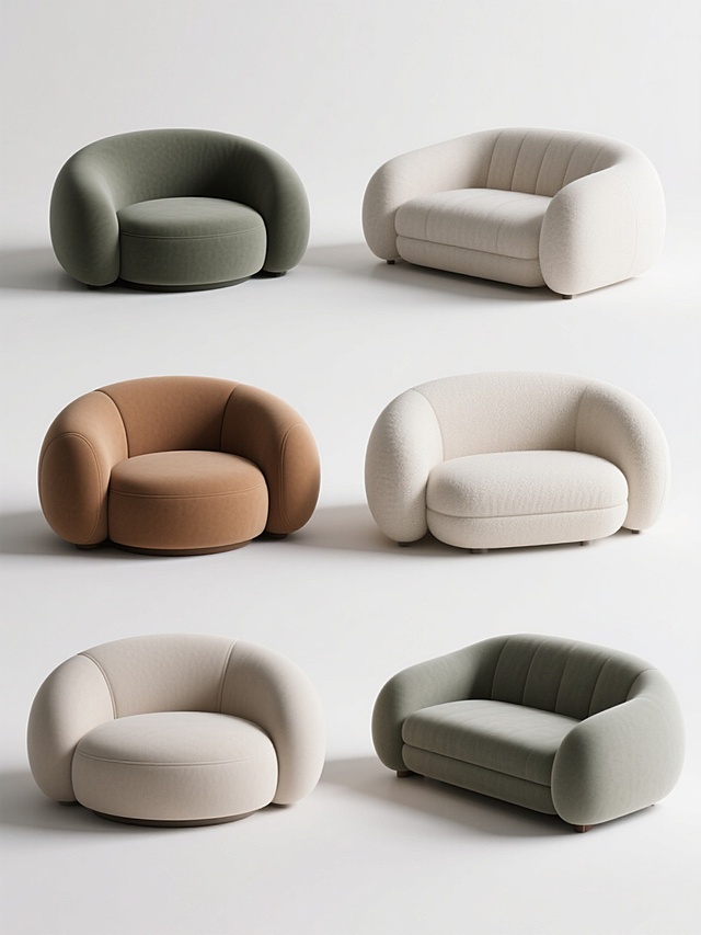 3D渲染风格，六个不同配色、不同样式、不同材质的沙发造型，白色背景，上下两行对齐排列，每个沙发都具有圆润饱满的造型和细腻的材质质感，光影柔和自然，高光和阴影过渡平滑，整体呈现出现代简约的设计感，构图对称均衡，画面干净整洁，突出沙发的设计细节和材质纹理。