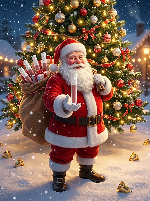 圣诞夜雪景，圣诞老人站在圣诞树下，背后袋子敞开露出口红礼盒，手持一支正红色口红递出，周围散落雪花与铃铛