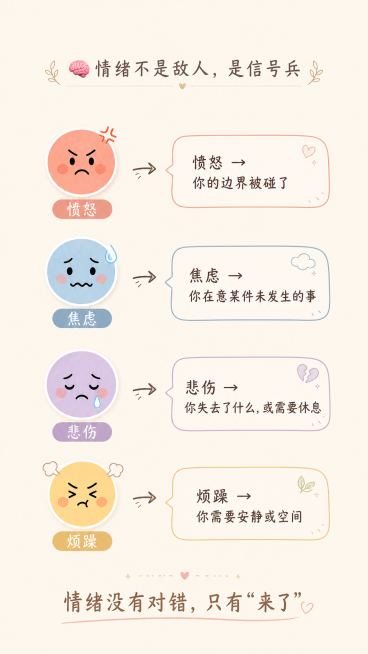 手机竖屏海报，浅米色纯色背景，上方小标题“🧠 情绪不是敌人，是信号兵”，中间四个表情图标：愤怒😠、焦虑😰、悲伤😢、烦躁😤，每个表情分别指向一个对话气泡，气泡内对应四行文案：😠 愤怒 → 你预览效果