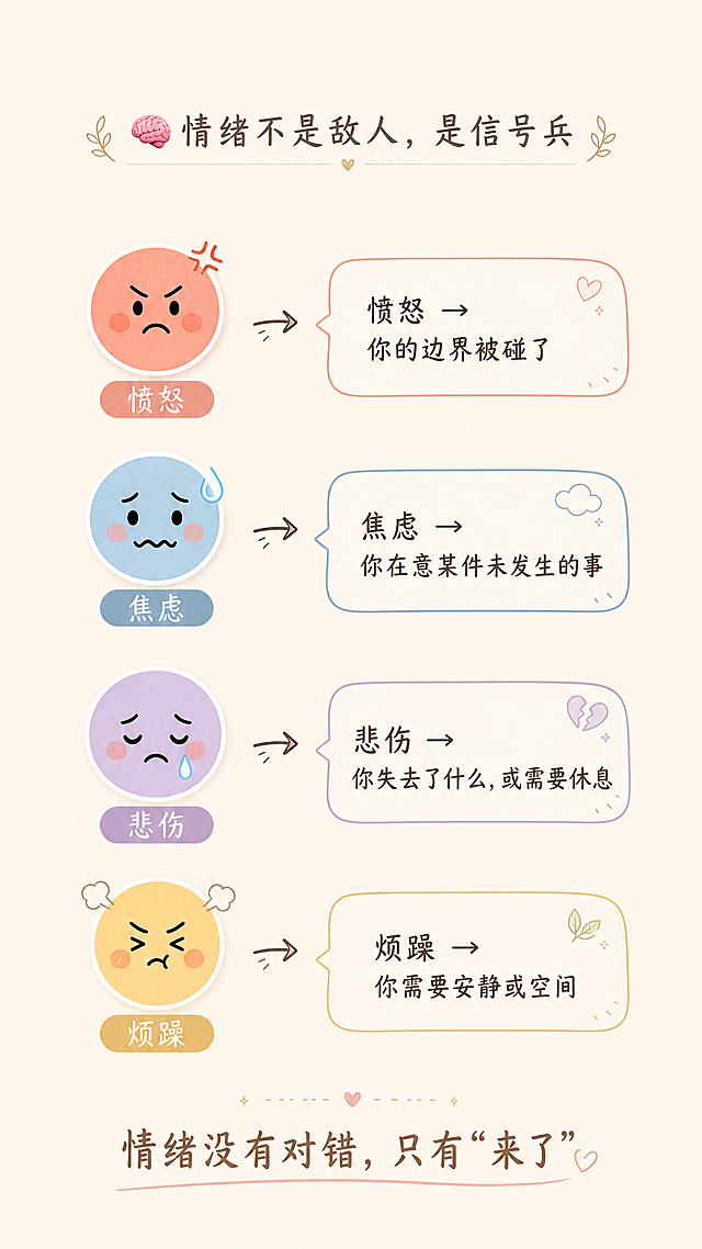 手机竖屏海报，浅米色纯色背景，上方小标题“🧠 情绪不是敌人，是信号兵”，中间四个表情图标：愤怒😠、焦虑😰、悲伤😢、烦躁😤，每个表情分别指向一个对话气泡，气泡内对应四行文案：😠 愤怒 → 你的边界被碰了； 😰 焦虑 → 你在意某件未发生的事； 😢 悲伤 → 你失去了什么，或需要休息； 😤 烦躁 → 你需要安静或空间。底部金句“情绪没有对错，只有‘来了’”，整体简约清晰，治愈风格，文字排版整齐，原创设计