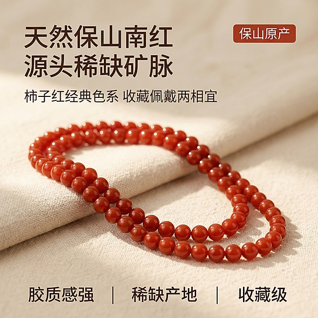 基于原产品图，将卡6保山柿子红108颗南红佛珠放置在浅米色棉麻背景上，保留产品原有色泽和形态，整体风格舒适简约家居治愈，暖柔自然光。主文案"天然保山南红 源头稀缺矿脉"，副标题"柿子红经典色系 收藏佩戴两相宜"，右上角红棕标签"保山原产"，底部三列卖点"胶质感强 | 稀缺产地 | 收藏级"，字体干净无衬线深棕色，文字悬浮于背景留白不遮挡产品主体，背景铺满全屏无边框，整体色调温暖柔和，符合淘宝天猫主图风格。