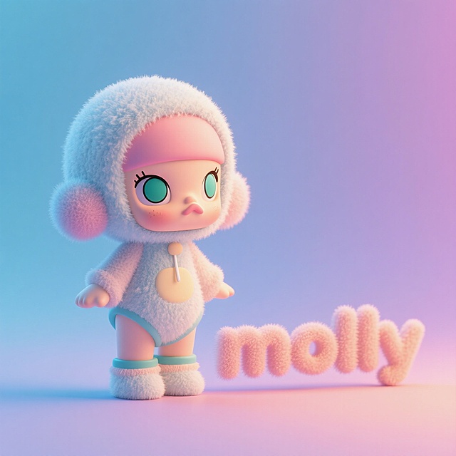 一个泡泡玛特玩偶molly，文字“molly”，有毛绒质感，柔和渐变颜色背景