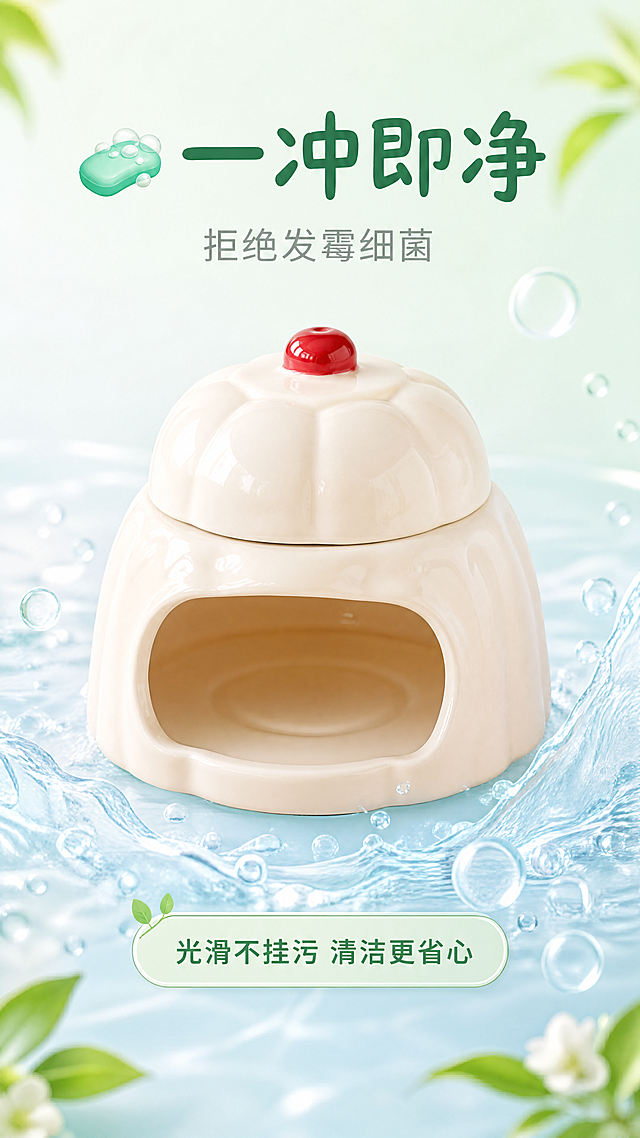 [第4屏] 核心卖点展示之易清洗拒绝发霉卖点。本屏使用【图1】作为商品主体。
[氛围/风格] 童话甜品风，马卡龙色系，干净整洁氛围，商业摄影质感。
[元素布局] 米白色仓鼠布丁陶瓷窝放置在画面中央偏上位置，占据60%主体区域，保持产品原有米白陶瓷质感、造型和樱桃装饰不变。背景为浅马卡龙绿色渐变，下方加入流动水流和气泡元素，展示易清洗的特点，文字分区排列不遮挡主体。
[光影质感] 明亮干净的光线，突出陶瓷光滑易清洁的质感，高光自然清晰，整体干净通透。
[配色色系] 全局底色：#F0FFF4（浅绿马卡龙）；主体米白色陶瓷窝，搭配浅蓝色水流和绿色装饰，文字用深绿和浅灰。
[视角构图] 正面微俯视视角，主体居中，画面层次分明。
[文字版式] 顶部主标题"🧼一冲即净"，圆润深绿色字体；副标题"拒绝发霉细菌"，浅灰色；产品下方卖点描述"光滑不挂污 清洁更省心"，深绿色文字配浅绿圆角信息框。
[比例分辨率] 9:16竖版比例，4K分辨率，文字清晰可辨。
[负向提示词] 产品变形，结构错误，颜色偏差，文字错乱，水印，背景杂乱