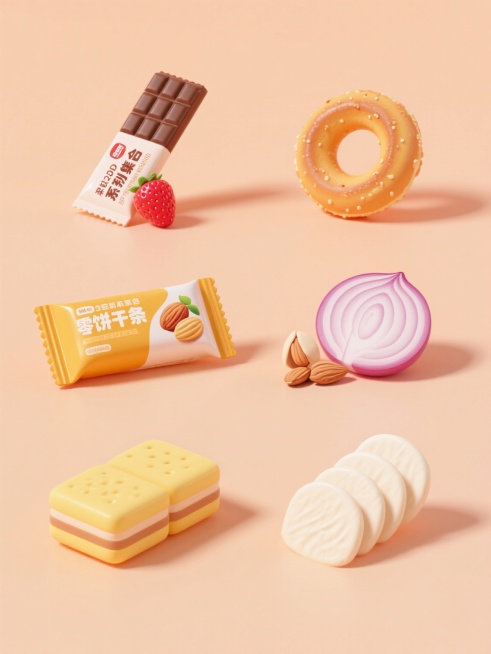 软3D风格的零食系列素材集合海报，纯色背景（非白色，如柔和的浅橙色），整体色彩明快活泼，展示6个完全不同种类的零食，包括巧克力棒、草莓味饼干条、洋葱圈、杏仁坚果、黄色方形糕点、白色薄片状点心，每种零食造型饱满立体，具有光滑的材质感和轻微的高光效果，零食包装设计简洁，带有清晰的产品名称和图案，所有零食整齐有序地排列在画面中，形成均衡的视觉布局，营造出诱人、欢快的氛围，符合食品宣传海报的设计感，视……预览效果