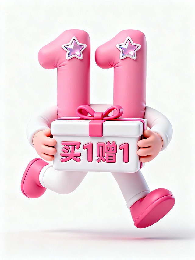 3D风格，膨胀风格的 “11”，拟人化图标，两个星星眼带淡粉反光，双手环抱礼盒，盒子上写着“买1赠1”，整体元素跳起来；膨胀质感为哑光橡胶，粉+白促销配色，纯白色背景