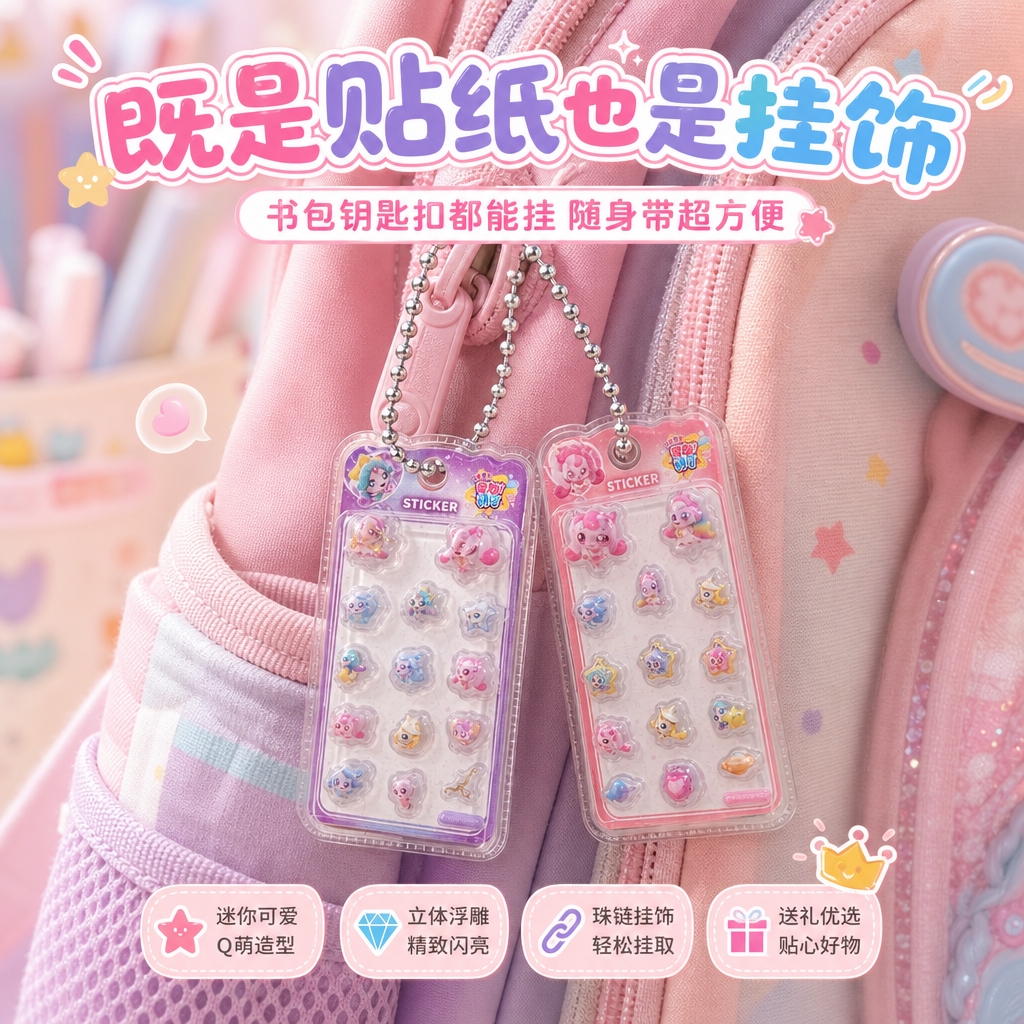 严格还原参考图中的奇妙萌可迷你小贴纸卡造型、珠链挂饰结构、萌可… - 图片创意预览
