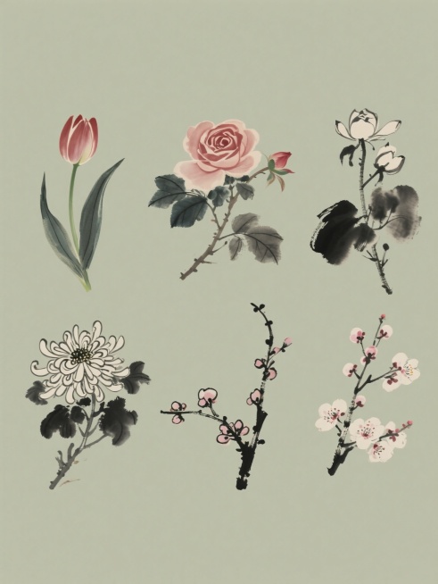 中国水墨画风格的花卉系列素材集合，纯色背景，规整排布六个完全不同元素内容的花卉图案，分别是兰花、郁金香、玫瑰花、菊花、梅花和樱花，保持水墨画的笔触质感、墨色晕染效果和写意风格，整体色彩变换但保持和谐统一，每个花卉图案独立完整，线条流畅自然，展现出中国传统绘画的韵味和意境。预览效果