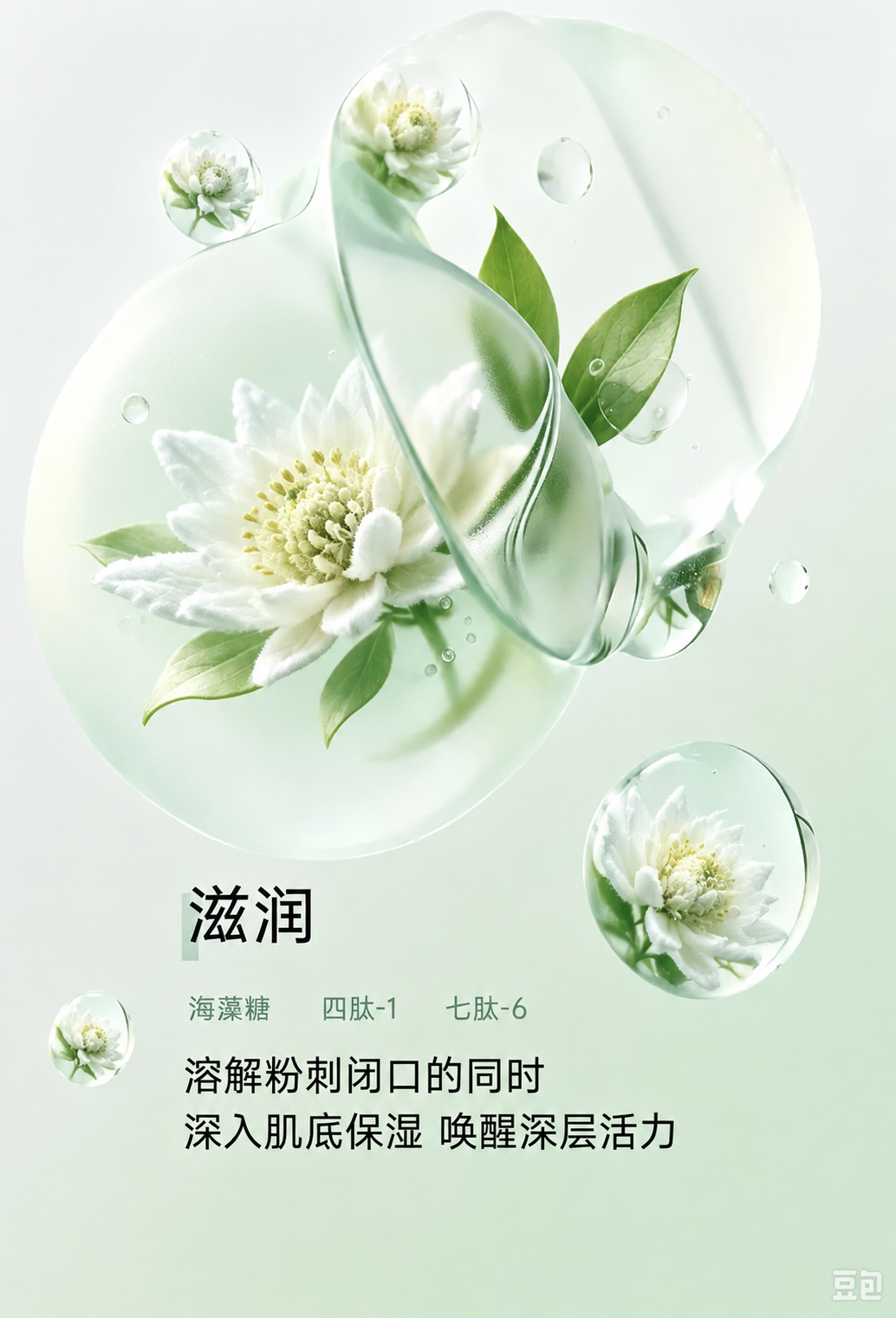 将图中所有透明气泡圆圈内的花朵和植物都替换为雪莲花，保持原图的… - 图片创意预览