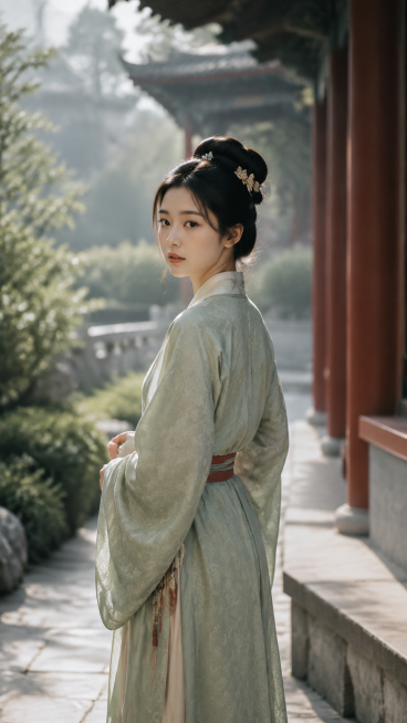 年轻的古代宫女，宋代服饰，真实人像，宫道园林背景预览效果