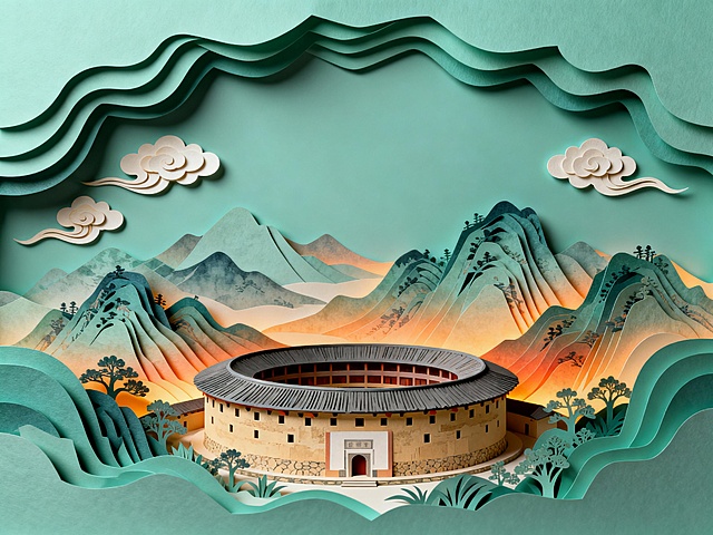 撕纸风中式土楼，层叠山峦与云霞交织，融合古典美学与微缩艺术，呈现静谧唯美的虚拟自然意境。