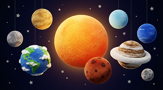 超萌毛茸茸太阳系星球合集，包含太阳、月球和八大行星，每个星球都是圆滚滚的Q版造型，表面覆盖蓬松柔软的毛绒材质，毛绒纹理细腻清晰，边缘有轻微的绒毛蓬松感。太阳呈现橙黄色渐变毛绒，散发柔和光晕；地球由蓝、绿、白三色毛绒拼接，点缀白色毛绒“云朵”；火星是暖红棕色毛绒质感，带有细微深色毛绒斑点；木星保留棕白相间的条纹，条纹处毛绒颜色自然渐变；土星环是蓬松的乳白色毛绒质感，与土星本体无缝衔接；其他行星各有专属标志性配色的毛绒纹理。所有星球悬浮在深邃的星空背景中，点缀着细碎闪烁的银色小星星，整体受柔和暖光照射，呈现治愈系配色和3D立体效果，画面中无杂乱元素，构图简洁