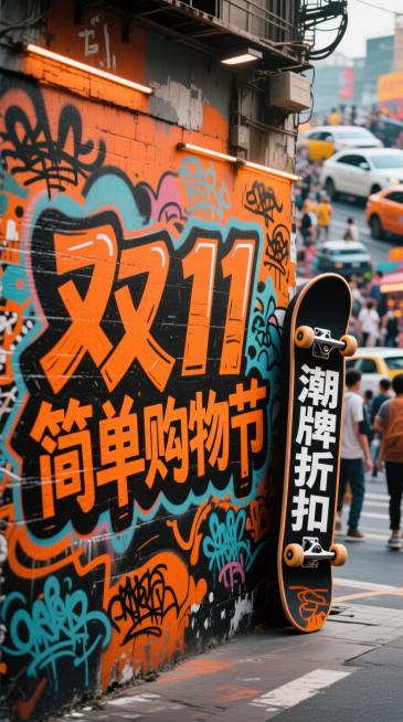 构建街头潮流风的双 11 主题视觉画面，运用鲜艳的橙色、黑色为主色调，画面中有涂鸦风格的墙面，上面用街头艺术字体喷涂 “双11简单购物节”，旁边还有滑板造型的 “潮牌折扣” 文字标识，背景是充满青春活预览效果