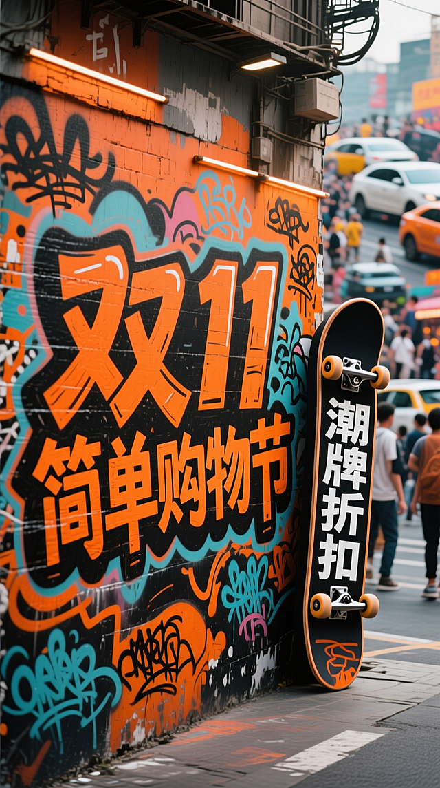 涂鸦风墙绘融合霓虹灯与波普艺术，大字风“双11”醒目突出，滑板元素强化潮流感，营造街头促销氛围。