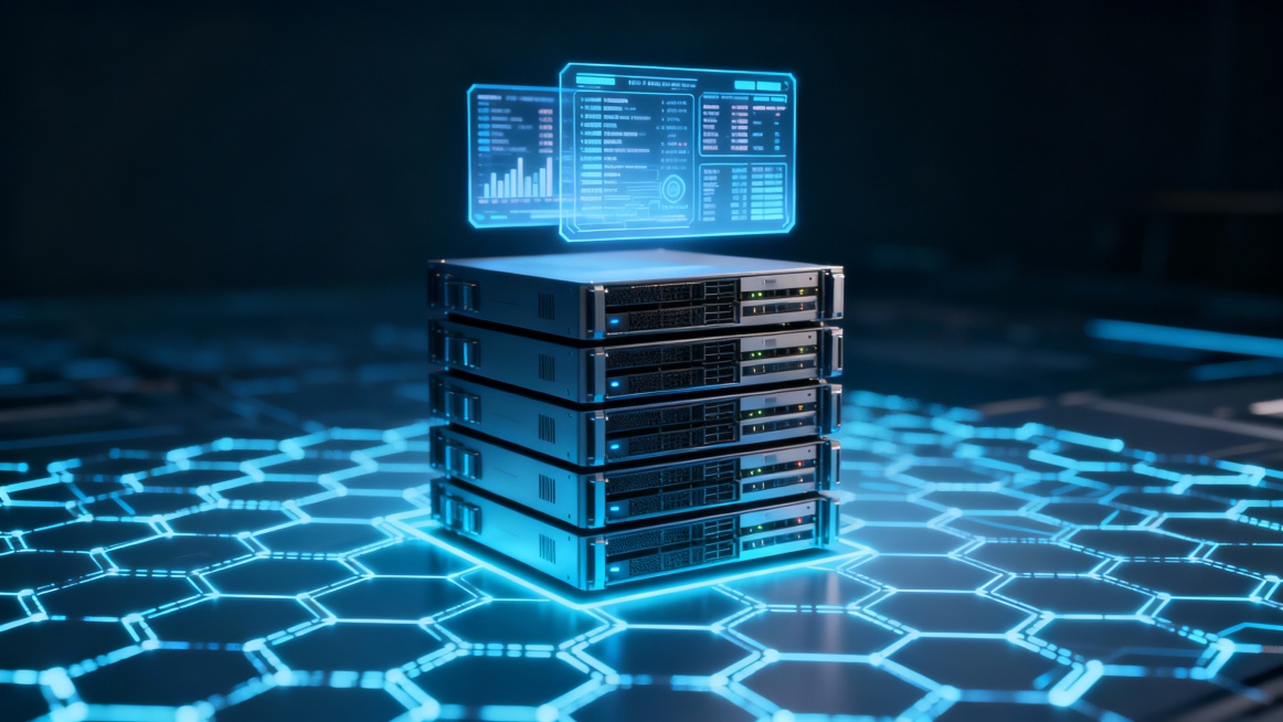 Cryptocurrency cloud computing system, layered server hardware levitating with holographic data pane预览效果