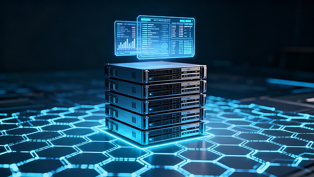 Cryptocurrency cloud computing system, layered server hardware levitating with holographic data panels, glowing blockchain grid base, minimal high-tech environment, realistic 3D, no text, 16:9